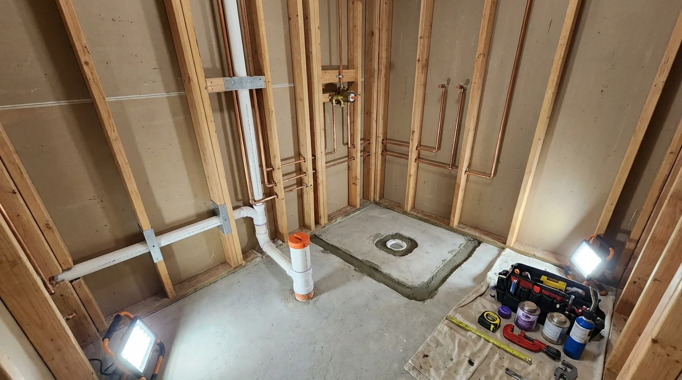Bathroom rough-in plumbing during remodel by Johns Plumbing LLC in Wynantskill