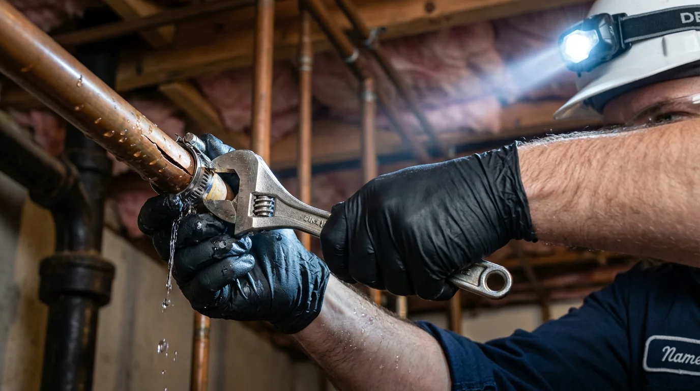 Emergency pipe clamp repair being performed by a Johns Plumbing LLC plumber in Wynantskill