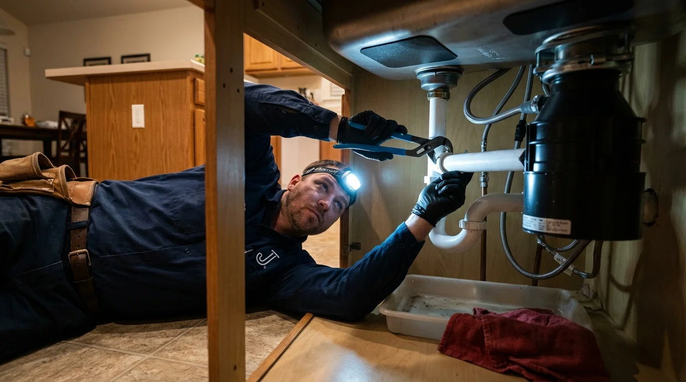 P-trap and supply line connections under a kitchen sink showing a common leak point in Wynantskill, NY